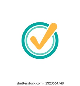 Valid Seal icon. Blue circle with ribbon outline and orange tick. Flat OK sticker icon. Isolated on white. Accept button. Good for web and software interfaces. Vector illustration.