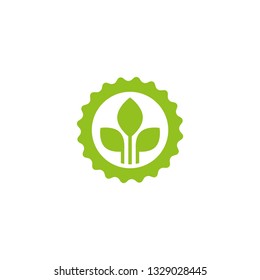 Valid Seal icon. Blue circle with ribbon outline and green sprout with leaves. Flat ecology sticker icon. Isolated on white. Organic, natural icon, eco friendly logo Vector illustration.