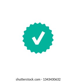 Valid Seal icon. Blue circle with ribbon outline and white tick. Flat OK sticker icon. Isolated on white. Accept button. Good for web and software interfaces. Vector illustration.