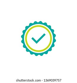 Valid Seal icon. Blue circle with ribbon outline and blue tick. Flat OK sticker icon. Isolated on white. Accept button. Good for web and software interfaces. Vector illustration.