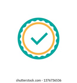 Valid Seal icon. Blue circle with ribbon outline and blue tick. Flat OK sticker icon. Isolated on white. Accept button. Good for web and software interfaces. Vector illustration.