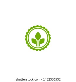 Valid Seal icon. Blue circle with ribbon outline and green sprout with leaves. Flat ecology sticker icon. Isolated on white. Organic, natural icon, eco friendly logo Vector illustration.