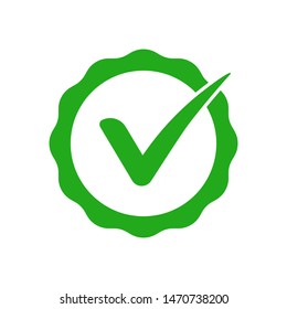 Valid Seal icon. Blue circle with ribbon outline and white tick. Flat OK sticker icon. Isolated on white. Accept button. Good for web and software interfaces. Vector illustration.