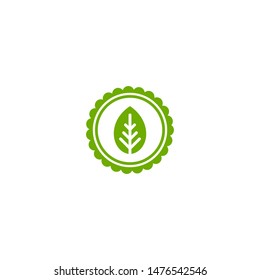 Valid Seal icon. Blue circle with ribbon outline and green leaf. Flat ecology sticker icon. Isolated on white. Organic, natural icon, eco friendly logo Vector illustration.