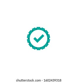 Valid Seal icon. Blue circle with  ribbon outline and squared  tick. Flat OK sticker icon. Isolated on white. Accept button. Good for web and software interfaces. Vector illustration.