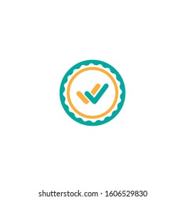 Valid Seal icon. Blue circle with ribbon outline and double tick. Flat OK sticker icon. Isolated on white. Accept button. Good for web and software interfaces. Vector illustration.