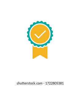 Valid Seal icon. Blue circle with ribbon and white tick. Quality guarantee. Flat OK sticker icon. Isolated on white. Medal, best product button. Check mark. Vector award illustration.