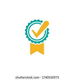 Valid Seal icon. Blue circle with ribbon and white tick. Quality guarantee. Flat OK sticker icon. Isolated on white. Medal, best product button. Check mark. Vector award illustration.