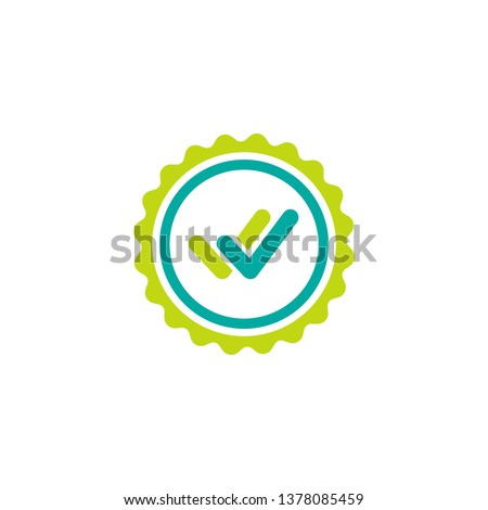 Valid Seal icon. Blue circle with ribbon outline and double tick. Flat OK sticker icon. Isolated on white. Accept button. Good for web and software interfaces. Vector illustration.