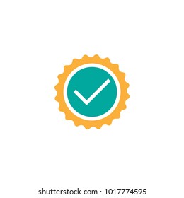 Valid Seal icon. Blue and orange circle with ribbon outline and white tick. Flat OK sticker icon. Isolated on white. Accept button. Good for web and software interfaces. Vector illustration.