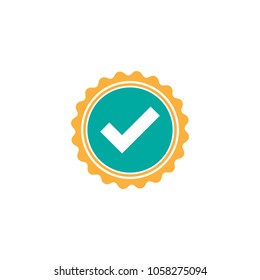 Valid Seal icon. Blue and orange circle with ribbon outline and white tick. Flat OK sticker icon. Isolated on white. Accept button. Good for web and software interfaces. Vector illustration.