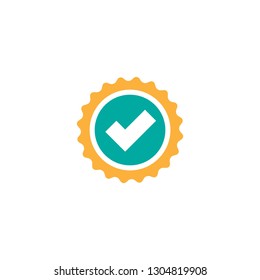 Valid Seal icon. Blue and orange circle with ribbon outline and white tick. Flat OK sticker icon. Isolated on white. Accept button. Good for web and software interfaces. Vector illustration.