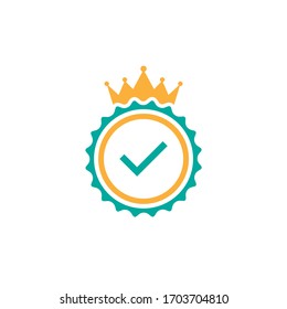 Valid Seal icon. Gold circle with royal crown and tick. Flat OK sticker icon. Isolated on white. Accept button. Best product label, quality check mark. Vector illustration.