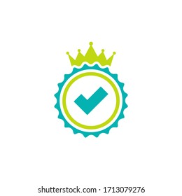 Valid Seal icon. Gold circle with royal crown and tick. Flat OK sticker icon. Isolated on white. Accept button. Best product label, quality check mark. Vector illustration.