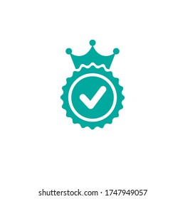 Valid Seal icon. Gold circle with royal crown and tick. Flat OK sticker icon. Isolated on white. Accept button. Best product label, quality check mark. Vector illustration.