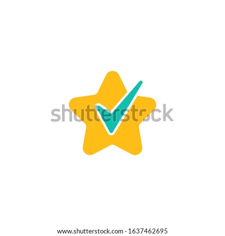 Valid Seal icon. Golden star with blue tick. Flat OK sticker icon. Isolated on white. Accept button. Vector award illustration. Quality Verified. Certified medal. Approved stamp