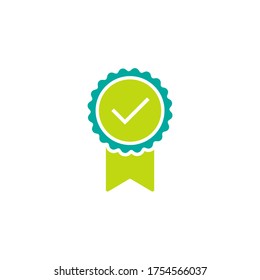 Valid Seal icon. Green and blue circle with ribbon and white tick. Quality guarantee. Flat OK sticker icon. Isolated on white. Medal, best product button. Check mark. Vector award illustration.