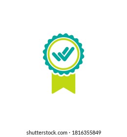 Valid Seal icon. Green and blue circle with ribbon and double tick. Quality guarantee. Flat OK sticker icon. Isolated on white. Medal, best product button. Check mark. Vector award illustration.