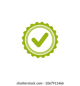 Valid Seal icon. Green circle with ribbon outline and white tick. Flat OK sticker icon. Isolated on white. Accept button. Good for web and software interfaces. Vector illustration.