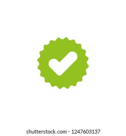 Valid Seal icon. Green circle with ribbon outline and white thik tick. Flat OK sticker icon. Isolated on white. Accept button. Good for web and software interfaces. Vector illustration.