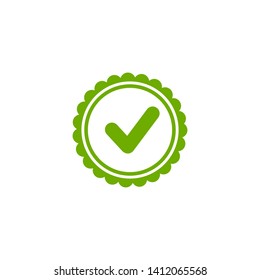 Valid Seal icon. Green circle with ribbon outline and white tick. Flat OK sticker icon. Isolated on white. Accept button. Good for web and software interfaces. Vector illustration.
