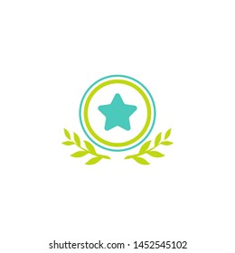 Valid Seal icon. Green circle with leaves laurel and star. Isolated on white. ecology medal, eco friendly sticker icon.  Organic, nature care. Checked stamp. Vector flat illustration.