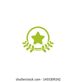 Valid Seal icon. Green circle with leaves laurel and star. Isolated on white. ecology medal, eco friendly sticker icon.  Organic, nature care. Checked stamp. Vector flat illustration.