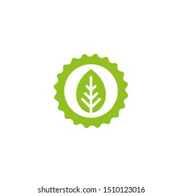 Valid Seal icon. Green circle with ribbon outline and green sprout with leaves. Flat ecology sticker icon. Isolated on white. Organic, natural icon, eco friendly logo Vector illustration.