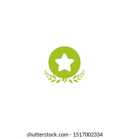 Valid Seal icon. Green circle with leaves laurel and star. Isolated on white. ecology medal, eco friendly sticker icon.  Organic, nature care. Checked stamp. Vector flat illustration.