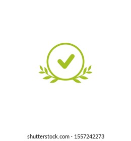 Valid Seal icon. Green circle with leaves laurel and tick. Isolated on white. ecology, eco friendly sticker icon.  Organic, nature care. Checked stamp. Vector flat illustration.