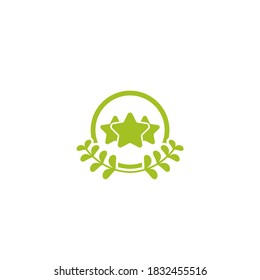 Valid Seal icon. Green circle with leaves laurel and 3 stars. Isolated on white. ecology medal, eco friendly sticker icon.  Organic, nature care. Checked stamp. Vector flat illustration.