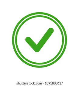 Valid Seal icon. Green circle with green tick. Flat OK sticker icon. Isolated on white. Accept button. Good for web and software interfaces. Vector illustration.