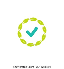 Icono de sello válido. Círculo verde con laurel y garrapata. Aislado en blanco. ecología, ícono de pegatinas respetuosas con el medio ambiente.  Cuidado orgánico y natural. Sello marcado. Ilustración plana vectorial.