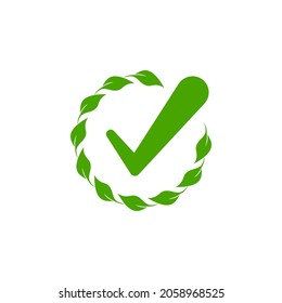 Valid Seal icon. Green circle with leaves laurel and tick. Isolated on white. ecology, eco friendly sticker icon.  Organic, nature care. Checked stamp. Vector flat illustration.
