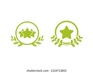 Valid Seal icon. Green circle with leaves laurel and 3 stars. Isolated on white. ecology medal, eco friendly sticker icon.  Organic, nature care. Checked stamp. Vector flat illustration.