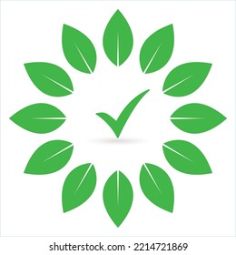 Valid Seal icon. Green circle with leaves laurel and tick. Isolated on white. ecology, eco friendly sticker icon