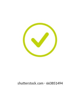 Valid Seal icon. Green circle with green tick. Flat OK sticker icon. Isolated on white. Accept button. Good for web and software interfaces. Vector illustration.