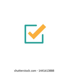 Valid Seal icon. Orange tick in blue squared box. Flat OK sticker icon. Isolated on white. Accept button. Good for web and software interfaces. Vector illustration. Check Mark. 