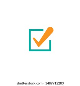 Icono de sello válido. Naranja en la caja al cuadrado azul. Icono de pegatina de tipo Flat OK.  Aislado en blanco. Botón Aceptar. Ideal para interfaces web y software. Ilustración vectorial.Marcar. 