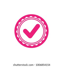 Valid Seal icon. Pink circle with ribbon outline and pink tick. Flat OK sticker icon. Isolated on white. Accept button. Good for web and software interfaces. Vector illustration.