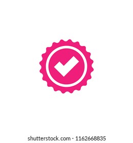 Valid Seal icon. Pink circle with ribbon outline and white thik tick. Flat OK sticker icon. Isolated on white. Accept button. Good for web and software interfaces. Vector illustration.