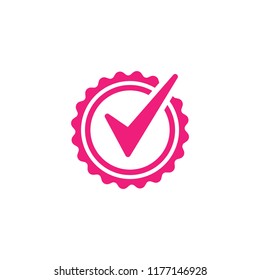 Valid Seal icon. Pink circle with ribbon outline and pink tick. Flat OK sticker icon. Isolated on white. Accept, check mark button. Good for web and software interfaces. Vector illustration.