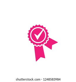 Valid Seal icon. Pink circle with ribbon and white tick. Flat OK sticker icon. Isolated on white. Accept button. Good for web and software interfaces. Vector award illustration.