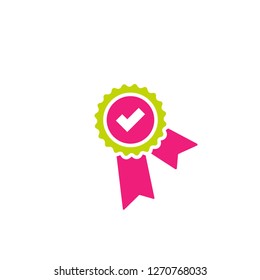 Valid Seal icon. Pink circle with ribbon and white tick. Flat OK sticker icon. Isolated on white. Accept button. Good for web and software interfaces. Vector award illustration.