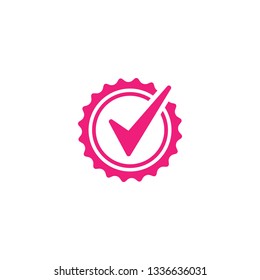 Valid Seal icon. Pink circle with ribbon outline and pink tick. Flat OK sticker icon. Isolated on white. Accept button. Good for web and software interfaces. Vector illustration.
