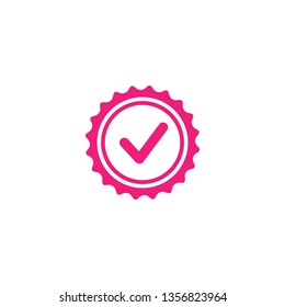 Valid Seal icon. Pink circle with ribbon outline and pink tick. Flat OK sticker icon. Isolated on white. Accept button. Good for web and software interfaces. Vector illustration.