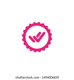 Valid Seal icon. pink circle with ribbon outline and double tick. Flat OK sticker icon. Isolated on white. Accept button. Good for web and software interfaces. Vector illustration.