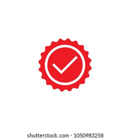 Valid Seal icon. red circle with ribbon outline and white tick. Flat OK sticker icon. Isolated on white. Accept button. Good for web and software interfaces. Vector illustration.