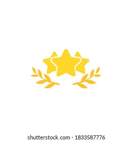 Valid Seal icon. three stars with leaves laurel and 3 stars. Isolated on white. gold medal, sticker icon.  best quality. Checked stamp. Vector flat illustration.