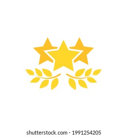 Valid Seal icon. three stars with leaves laurel and 3 stars. Isolated on white. gold medal, sticker icon.  best quality. Checked stamp. Vector flat illustration.